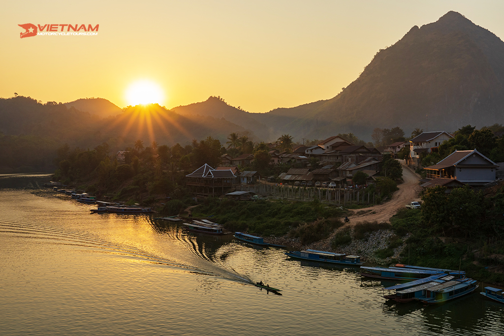 aerial view of nong khiaw village at sunset laos - Vietnam Motorbike Tours