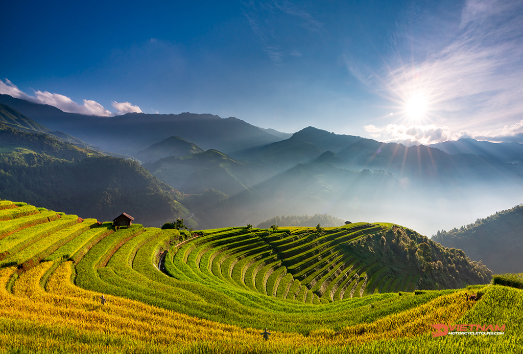 sunset over terraced rice field with lens flares 2021 08 29 09 40 33 utc copy - Vietnam Motorbike Tours